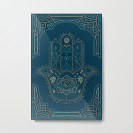 Hamsa Hand in Blue and Gold Metal Print