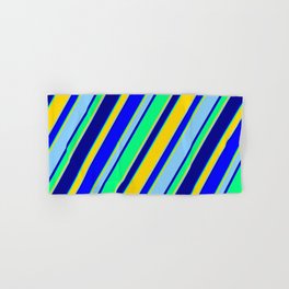 [ Thumbnail: Eyecatching Blue, Green, Yellow, Light Sky Blue & Dark Blue Colored Lines/Stripes Pattern Hand & Bath Towel ]