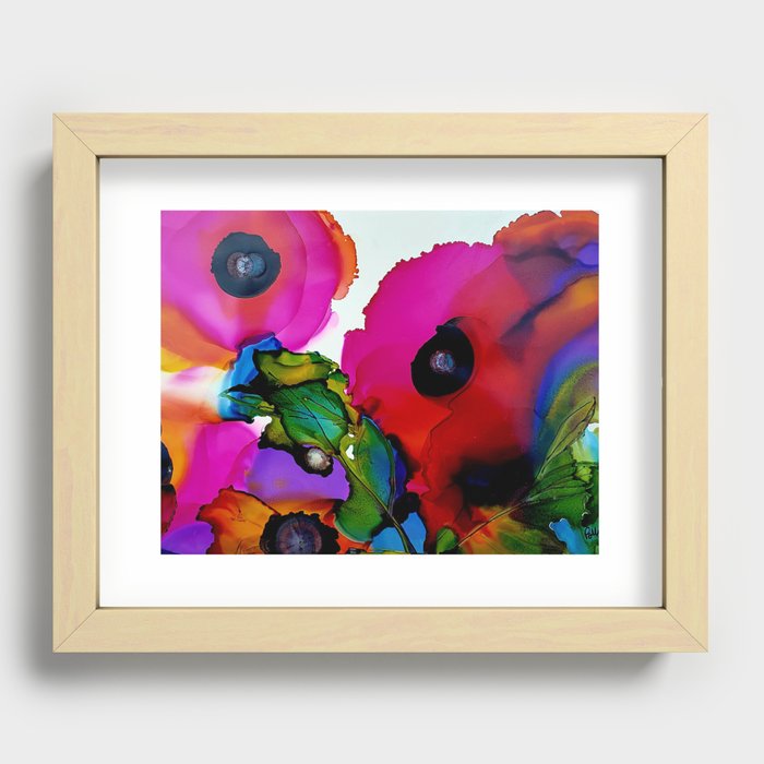 Two Hot Pink and Red Poppies in Alcohol Ink Recessed Framed Print