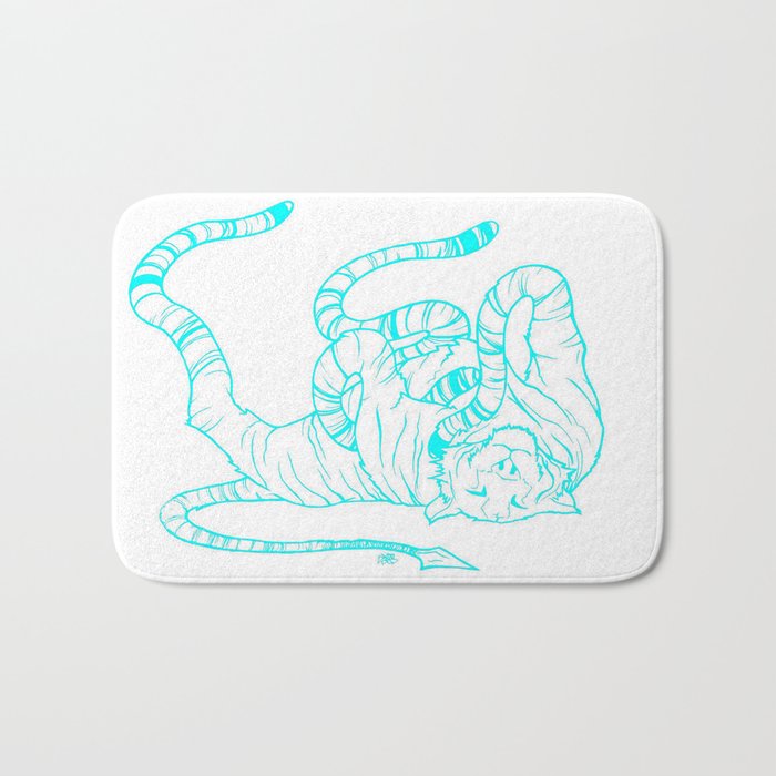 Wiggle Cat turquoise on white Bath Mat