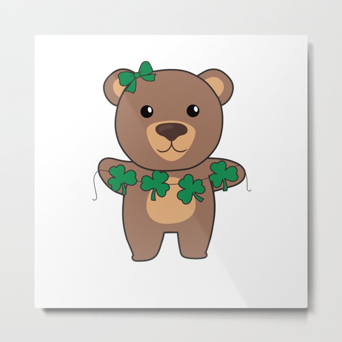 Bear With Shamrocks Cute Animals For Luck Metal Print