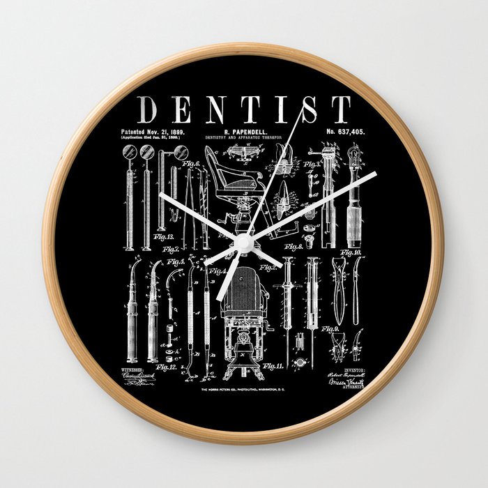 Dentist Dentistry Dental Tools Kit Vintage Patent Print Wall Clock