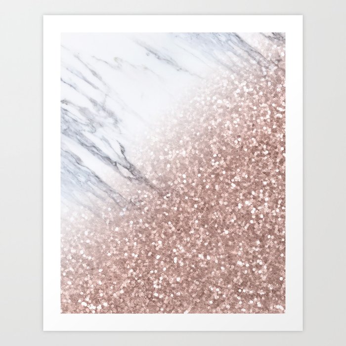 Blush Pink Sparkles on White and Gray Marble V Art Print