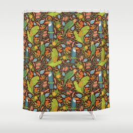 Turquoise toucan with green cockatoo amoung exotic fruits on dark background Shower Curtain