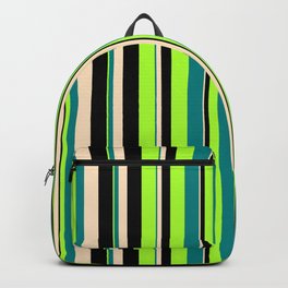 [ Thumbnail: Light Green, Teal, Bisque & Black Colored Lined/Striped Pattern Backpack ]