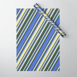 [ Thumbnail: Dark Slate Gray, Royal Blue, and Tan Colored Lined/Striped Pattern Wrapping Paper ]