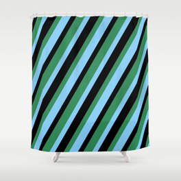 [ Thumbnail: Sea Green, Light Sky Blue, and Black Colored Lines/Stripes Pattern Shower Curtain ]