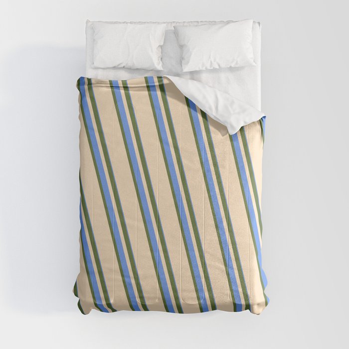 Dark Olive Green, Bisque, and Cornflower Blue Colored Stripes Pattern Comforter
