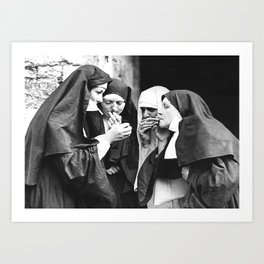 Smoking Nuns, Black and White, Vintage Wall Art Art Print