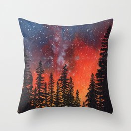 Colorful night sky and pine forest Throw Pillow