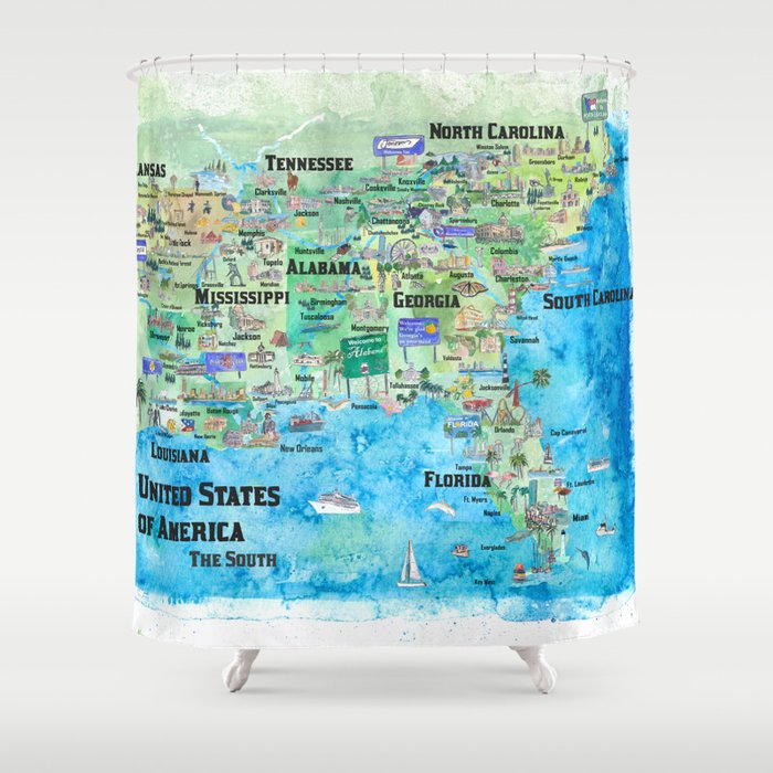 USA Southern States Travel Poster Map Florida Louisiana Mississippi Arkansas Carolinas Georgia Shower Curtain