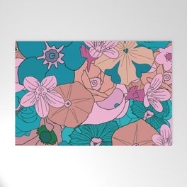 70s Flower Inferno // Turqouise/Pink // Retro floral pattern Welcome Mat