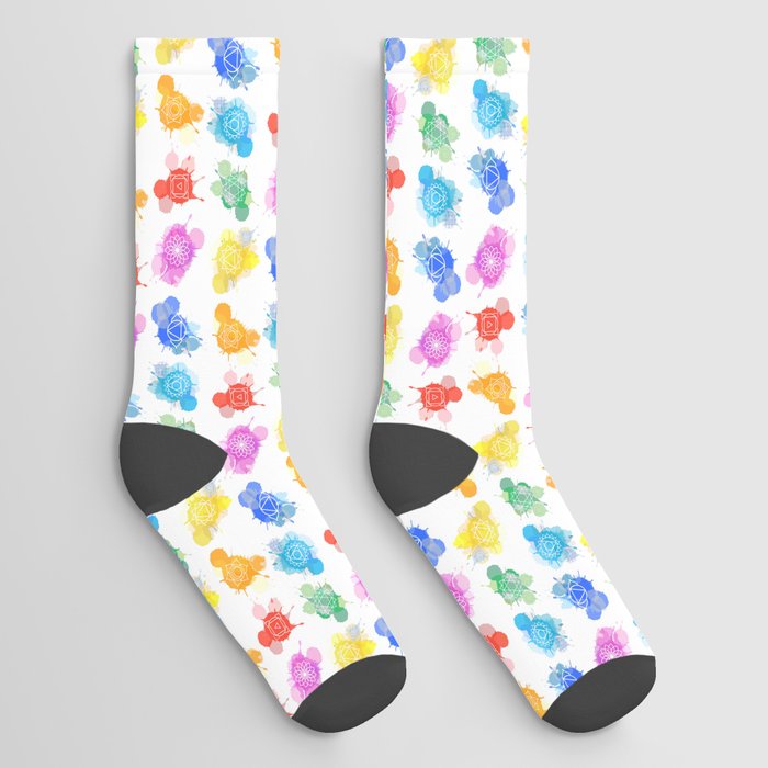 Meditation aura and the seven chakras symbols icons watercolor doodle	 Socks