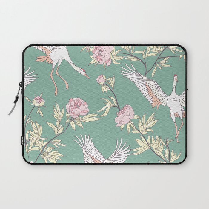 Japanese Ornate Heron Pattern Sage Blush I Laptop Sleeve