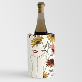 Colorful Thoughts Minimal Line Girl with Sunflowers Wine Chiller