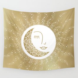 Moon Art, Gold, Mandala, Moon and Stars Art Wall Tapestry