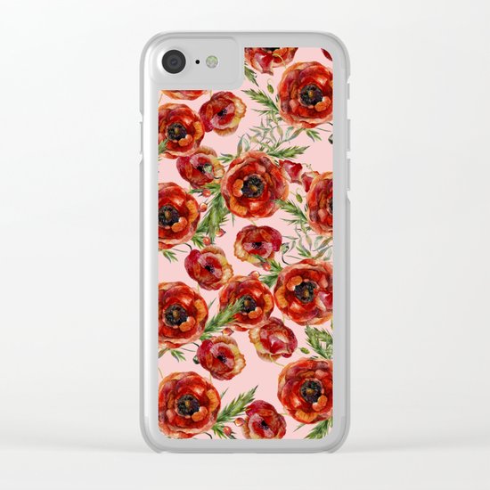 Poppy Pattern On Pink Background Clear iPhone Case