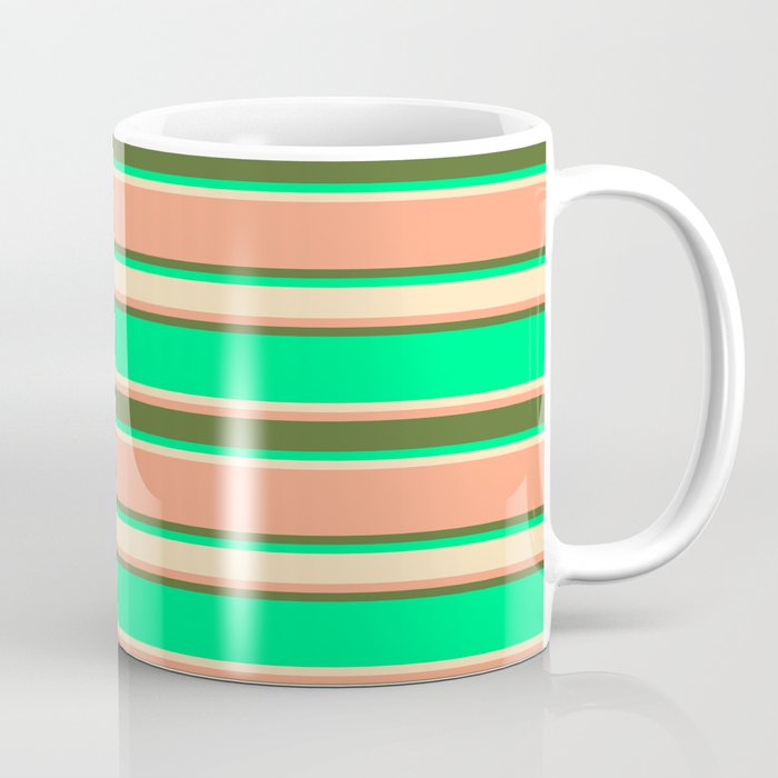 Green, Beige, Light Salmon & Dark Olive Green Colored Stripes Pattern Coffee Mug