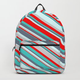 [ Thumbnail: Colorful Light Grey, Red, Turquoise, Slate Gray & Light Cyan Colored Pattern of Stripes Backpack ]