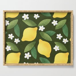 Lemons floral pattern on dark background Serving Tray