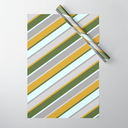 [ Thumbnail: Goldenrod, Dark Olive Green, Light Cyan, Dark Gray & Light Gray Colored Stripes/Lines Pattern Wrapping Paper ]