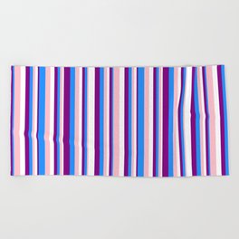 [ Thumbnail: Pink, Blue, Purple, and White Colored Stripes/Lines Pattern Beach Towel ]