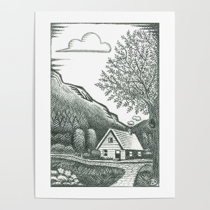 Black And White Cottage Scene Charcoal Art Poster