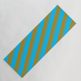 [ Thumbnail: Dark Goldenrod and Deep Sky Blue Colored Striped/Lined Pattern Yoga Mat ]