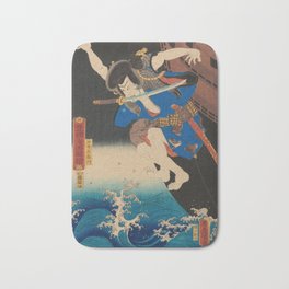 Samurai Jumping From The Ship Into The Sea - Antique Japanese Ukiyo-e Woodblock Print Art Bath Mat