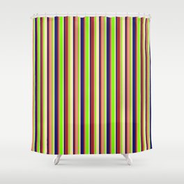 [ Thumbnail: Vibrant Green, Dark Salmon, Brown, Midnight Blue, and Beige Colored Stripes/Lines Pattern Shower Curtain ]
