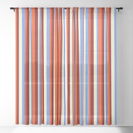 [ Thumbnail: Cornflower Blue, Red, Maroon & Light Yellow Colored Striped Pattern Sheer Curtain ]