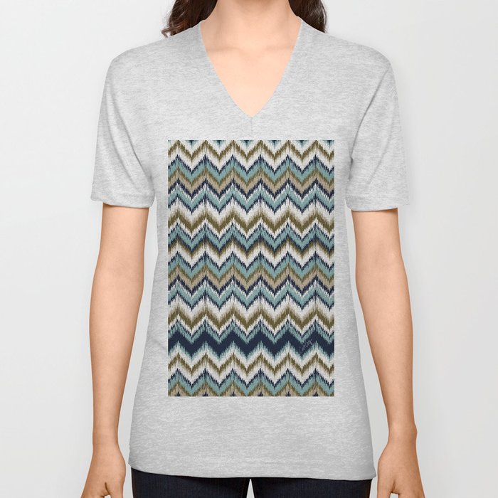 8-Bit Ikat Pattern – Blue & Tan V Neck T Shirt