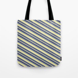 [ Thumbnail: Slate Gray, Pale Goldenrod & Midnight Blue Colored Striped/Lined Pattern Tote Bag ]