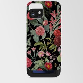  Blooming Pink Flowers Night Garden - Vintage Botanical illustration collage on the  black backgound iPhone Card Case