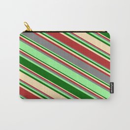 [ Thumbnail: Eyecatching Grey, Green, Dark Green, Beige, and Red Colored Lines Pattern Carry-All Pouch ]
