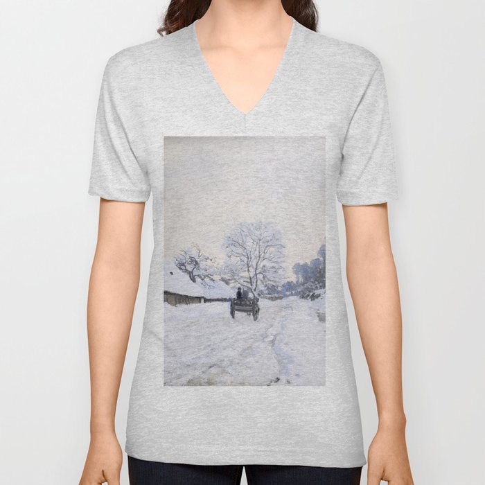 Claude Monet - Cart on the Snowy Road at Honfleur V Neck T Shirt