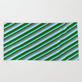 [ Thumbnail: Sienna, Deep Sky Blue, Light Gray & Dark Green Colored Lined/Striped Pattern Beach Towel ]