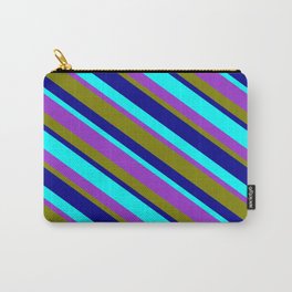 [ Thumbnail: Aqua, Dark Orchid, Green, and Dark Blue Colored Stripes/Lines Pattern Carry-All Pouch ]