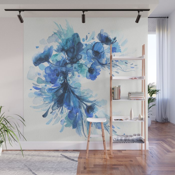 Blue Watercolor Floral Wall Mural by jenmerli | Society6