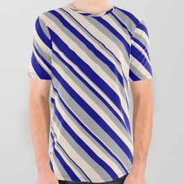 [ Thumbnail: Dark Gray, Beige, and Dark Blue Colored Lined Pattern All Over Graphic Tee ]