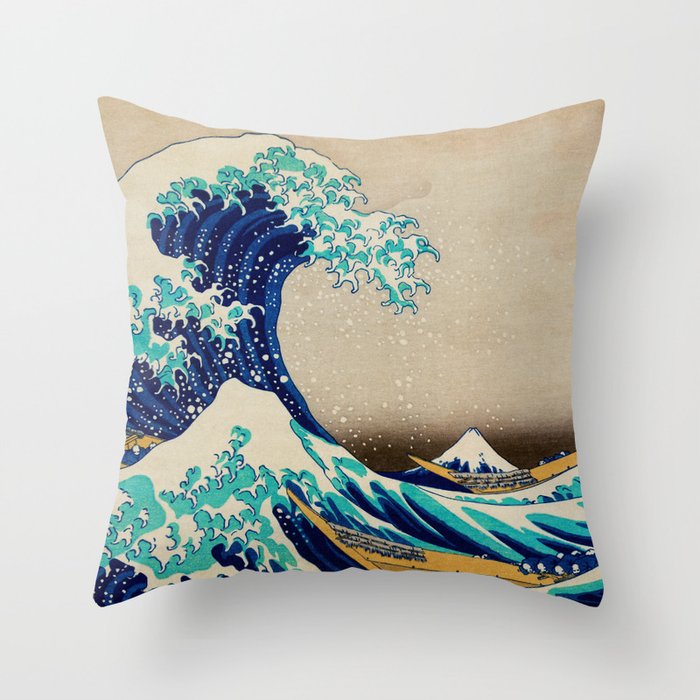 The Great Wave off Kanagawa; Japan Kantō region of Honshu nautical landscape painting by Katsushika Hokusai Throw Pillow