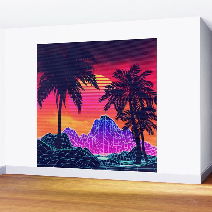 Neon Glowing Grid Rocks And Palm Trees Futuristic Landscape