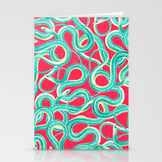 Turquoise Red Cool Abstract Wild Snakes Painting Stationery Cards