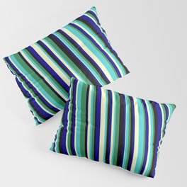 [ Thumbnail: Eyecatching Sea Green, Turquoise, Light Yellow, Dark Blue, and Black Colored Stripes/Lines Pattern Pillow Sham ]