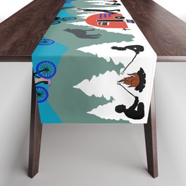 Happy Campers biking hiking with bear and Wolf Table Runner