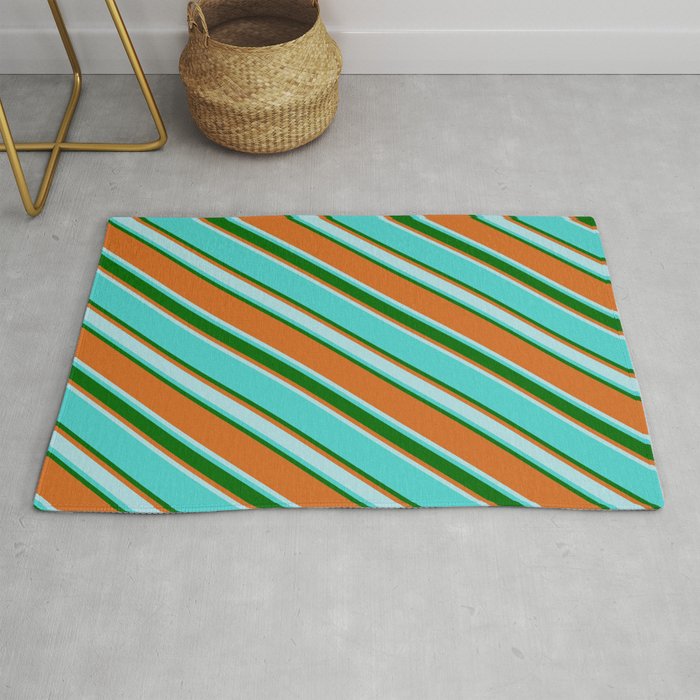 Turquoise, Dark Green, Chocolate & Powder Blue Colored Lines Pattern Rug