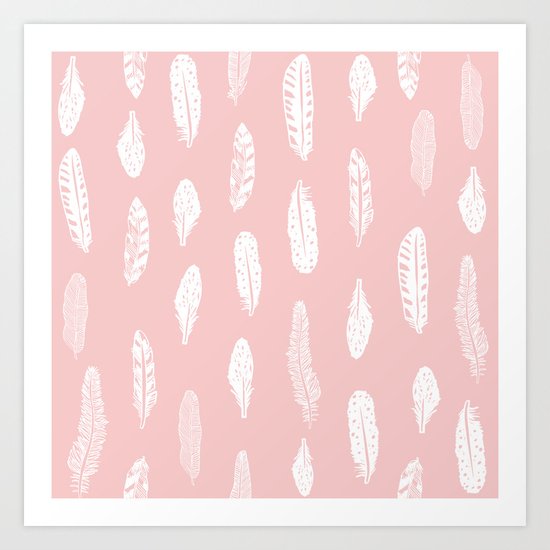 Feather pink and white minimal feathers pattern nursery gender neutral boho decor Art Print