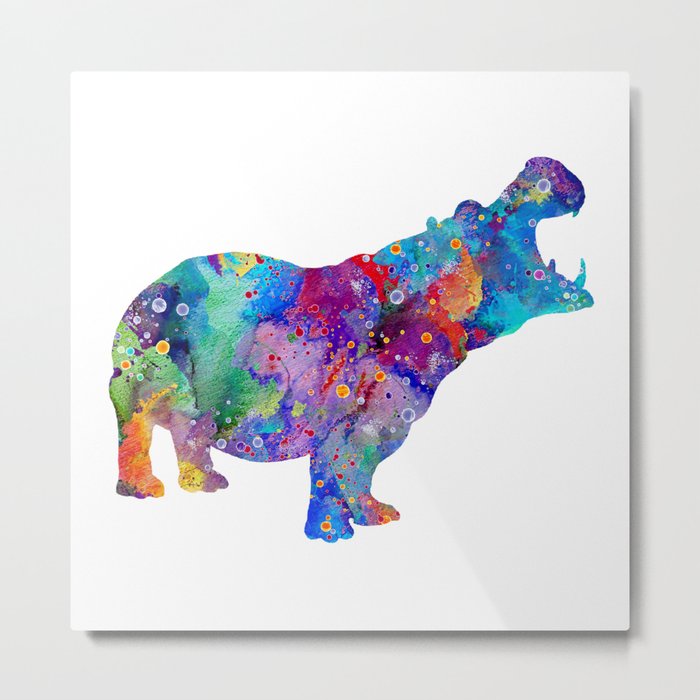 Hippo Colorful Watercolor Silhouette Metal Print