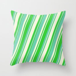 [ Thumbnail: Lime Green, Aquamarine & Beige Colored Stripes/Lines Pattern Throw Pillow ]