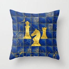 Lapis Lazuli Chessboard and Gold Chess Pieces Throw Pillow